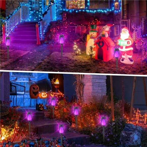 Solar Lights Outdoor,Halloween Decorations Purple Solar Tiki Torches for Outside - Picture 2 of 7